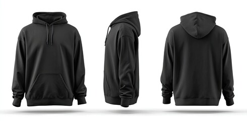 Black hoodie mockup front, side, and back views. Features hood, pocket, and long sleeves