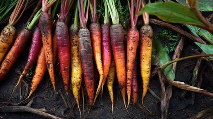 Fresh garden carrots in soil, natural vegetable cultivation