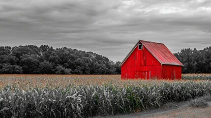Classic red barn surrounded by golden cornfield in rural countryside