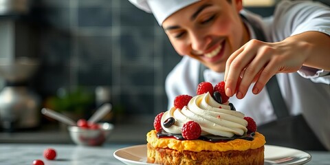 Smiling cook garnishing a dessert with a swirl of cream and berries, sweet perfection,  pastry,  garnish