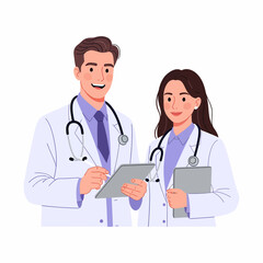 Fototapeta premium Medical professionals collaborating on a patient's treatment plan in a clinical setting viewed from the front