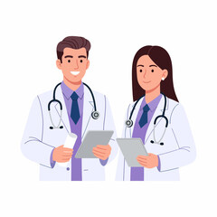 Fototapeta premium Two medical professionals in white coats with stethoscopes examining documents together