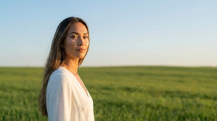 Serene Beauty in the Fields: A portrait of a woman amidst a vast field, gazing serenely into the distance, as sunlight gently caresses her skin and hair.