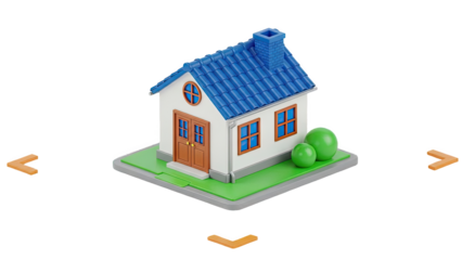 Cartoon House with Blue Roof and Green Yard