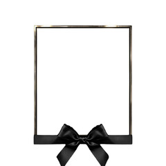 A black satin ribbon bow adorns a sleek black frame with a gold accent on a white background