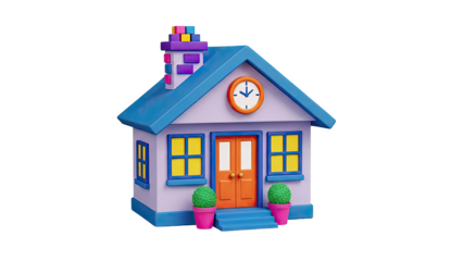 Cartoon House with Colorful Chimney and Clock