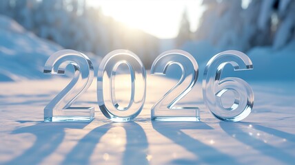 Icicle Numbers 2026 New Year Celebration on Snowy Landscape with Warm Sunrise Light and Sparkling Reflections