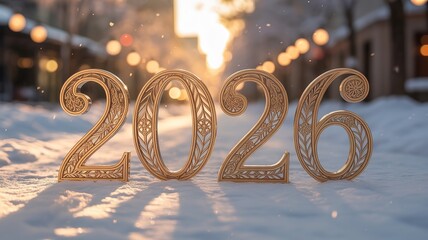 Golden 2026 New Year Sign on Snowy Street with Warm Bokeh Lights and Elegant Floral Design Elements for Festive Season Greetings and Celebrations