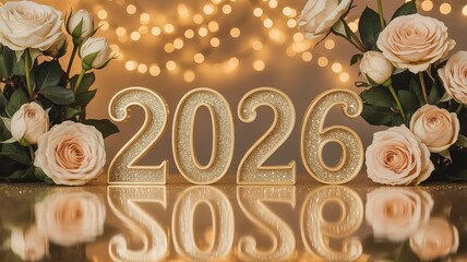 Elegant 2026 New Year Celebration with Glittering Gold Numbers and Delicate Pink Roses on Reflective Surface