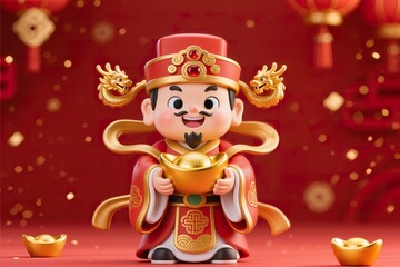 Premium 3D chibi wealth god illustration, luxury Asian festive costume, detailed gold ornaments, cheerful expression, red background