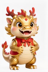 Cute chibi golden dragon, 3D cartoon illustration, friendly smile, Asian festival style, red and gold colors, soft lighting, isolated white background