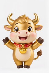 Obraz premium Cute chibi golden ox character, 3D illustration, Asian zodiac style, festive red and gold accessories, joyful expression, isolated on white background, stock illustration