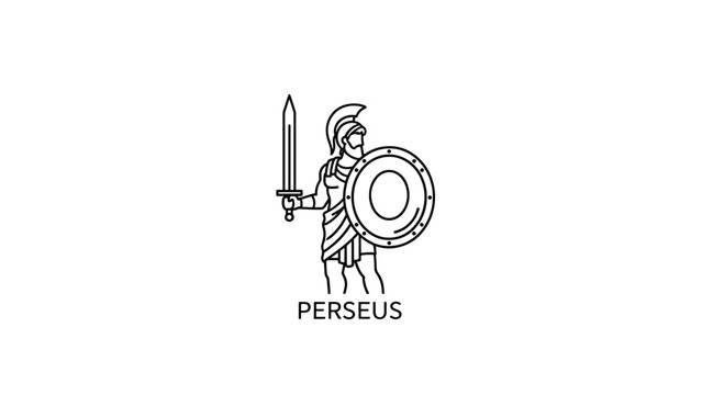 A black and white line drawing depicts a male figure with a sword and shield, labeled "Perseus." The figure is in a classical pose
