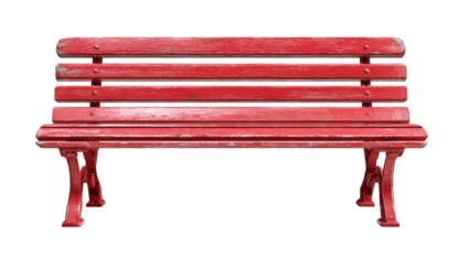 A frontal view of a red, weathered wooden bench with visible iron supports against a black background