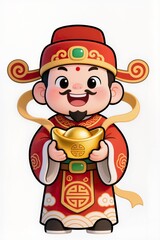 Chibi God of Fortune character, 3D illustration, joyful expression, Asian traditional outfit, bright festive colors, holding blessing symbol, isolated white background, high quality stock art