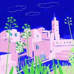castle on the hill Tunis. Hand drawn illustration. Tunisia.