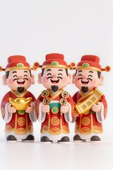 Obraz premium Three cute chibi fortune gods standing together, 3D cartoon illustration, traditional Asian festive costumes, red and gold palette, smiling and joyful, symmetrical composition, white background