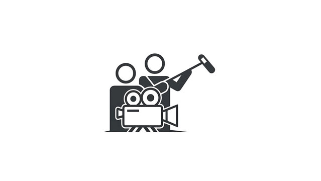 A black and white illustration of film crew working with a vintage camera, microphone, and a crew member. The art features simple shapes