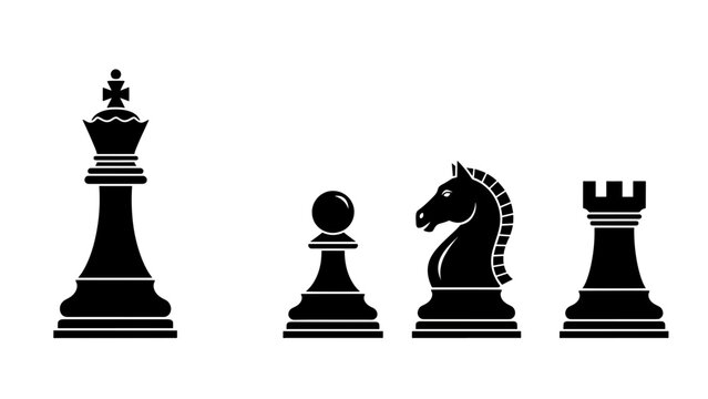 A black and white illustration of four classic chess pieces a king, pawn, knight, and a rook, each with a simplistic design