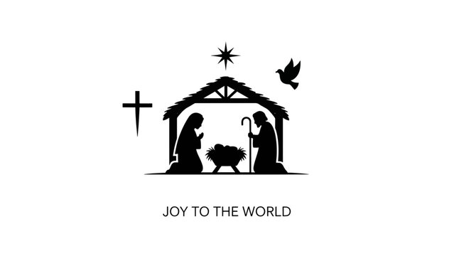 A black silhouette of a nativity scene with figures in front of a manger, dove, star, and a cross. Text at the bottom "Joy to the World