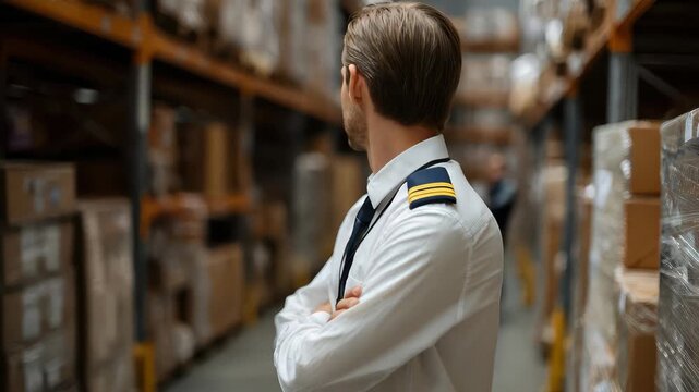 Storekeeper customs officer stands confidently near product racks in a warehouse, overseeing operations and ensuring orderly storage