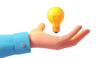 3D hand presenting a glowing light bulb, symbolizing a bright new idea or innovative solution