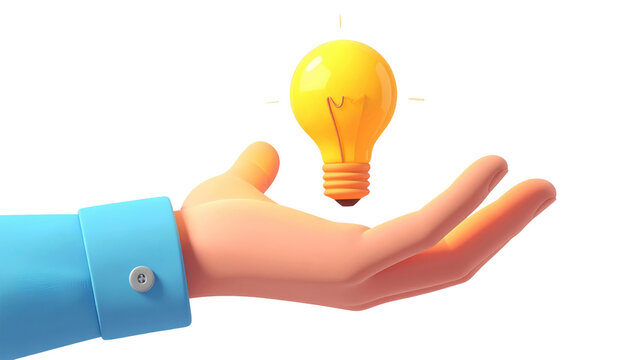 3D hand presenting a glowing light bulb, symbolizing a bright new idea or innovative solution