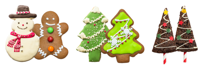 assortment of holiday cookies including gingerbread man, snowman, and christmas trees, presented on a transparent background for festive occasions.