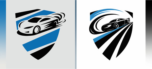 Sleek speed crest logos with streamlined sports car and blue motion stripes, modern automotive badge set for tuning shops, racing teams and performance branding