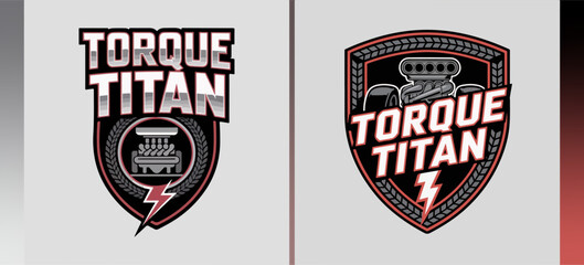 Torque Titan tire crest logos with supercharged engine and lightning bolt, bold automotive performance badge set for muscle car clubs, parts and apparel branding