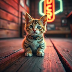 Sun-kissed kitten, collar gleaming, a silent sentinel on aged wood ,  fluffy,  soft focus