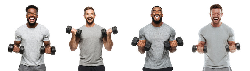 Happy men lifting dumbbells during strength training isolated on transparent background png