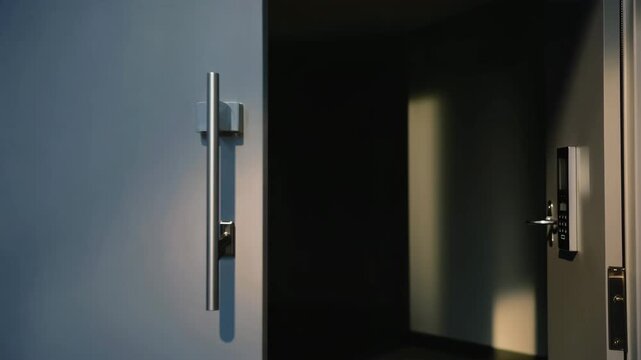 Hand using an RFID card to unlock a modern electronic door with keypad and card reader in a secure building environment