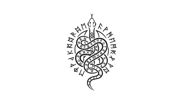 A black and white illustration of a snake intertwined with an oval shape with ancient writing around. The snake has detailed scales