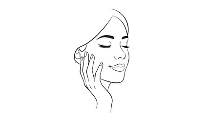 A black and white line drawing of a woman's face, eyes closed, hand touching her cheek, conveying serenity and self-care