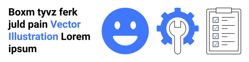 Fototapeta premium Productivity, task management, tools, engineering, organization, workflow efficiency. A happy face, gear with a wrench and a checklist. Productivity and task management concepts