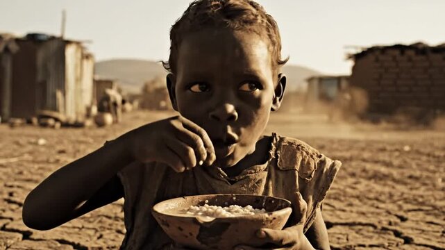 Impoverished Child Eating Porridge in a Desolate Landscape of Cracked Earth and Rustic Buildings