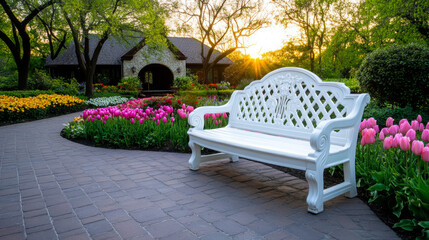 White garden bench surrounded by colorful tulips at sunset  