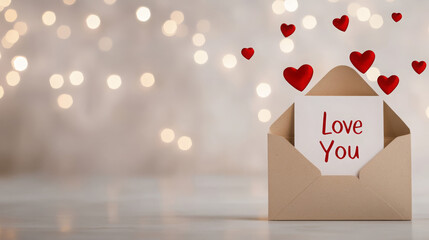 Valentine&rsquo;s Day card with red hearts floating above envelope  