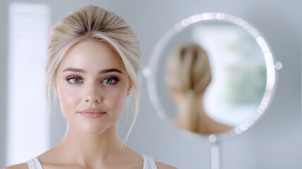 Young woman looking at herself in the mirror with a neutral expression  