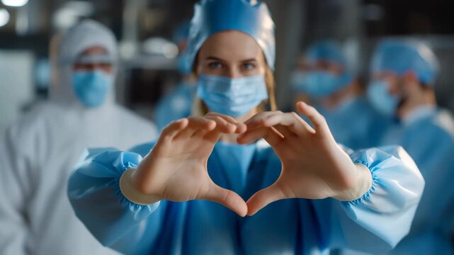 Nurse shows dedication and compassion during challenging times with a heart gesture, representing hope and unity in healthcare settings