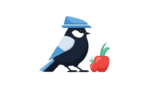 A cartoon bird, wearing a blue hat, stands near red fruit. The bird is mostly black and white with blue wings. The fruit is red