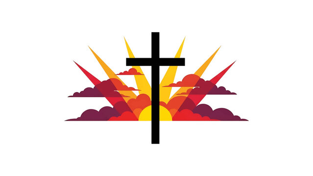 A black Christian cross is centered, superimposed over a sunrise with clouds, showcasing a spiritual and symbolic design