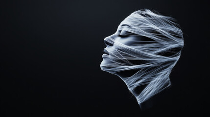 Artistic portrayal of a woman&rsquo;s face wrapped in white fabric  