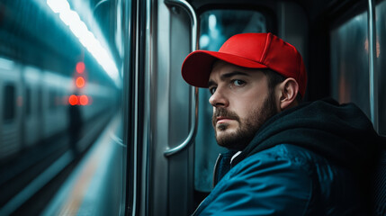 Man sitting in subway train looking out window with serious expression  