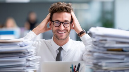 Happy businessman celebrating success amid paperwork chaos at desk