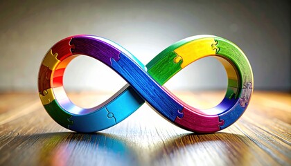 Colorful Infinity Symbol Made of Puzzle Pieces on Wooden Surface.