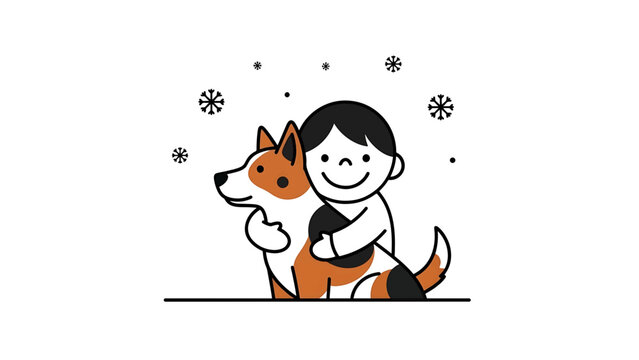 A cartoon child hugs a tricolor dog on a snowy day, a heartwarming scene with snowflakes. Simple illustration with black lines and colors