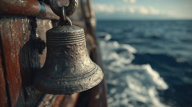 Detailed Maritime Scene Featuring an Antique Ship Bell at Sea