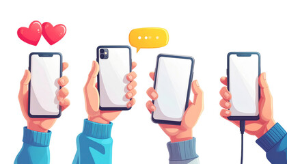 Hands holding smartphones with social icons, illustrating modern digital communication